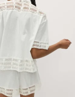 Pure Cotton Lace Insert Short Sleeve Shirt