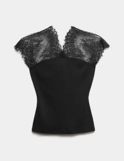 Pure Cotton Lace Insert V-Neck Top