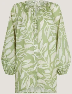 Pure Cotton Leaf Print Tie Neck Blouse