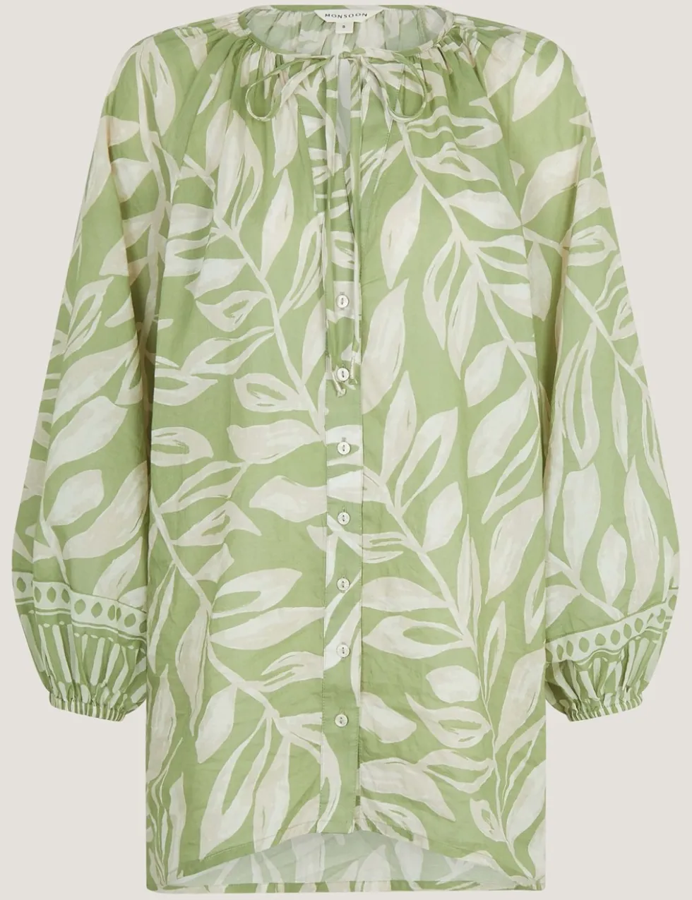 Pure Cotton Leaf Print Tie Neck Blouse