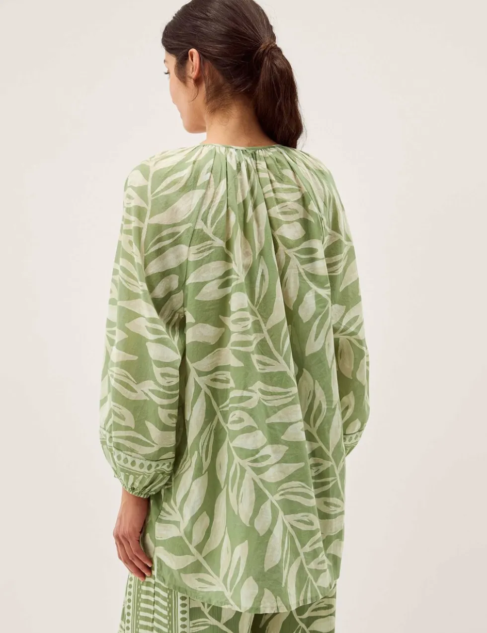 Pure Cotton Leaf Print Tie Neck Blouse