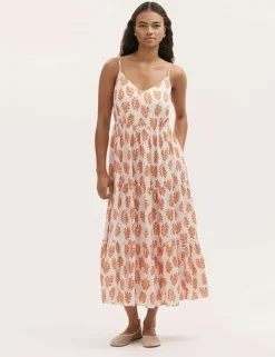 Pure Cotton Leaf Print V-Neck Midi Dress