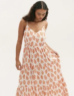 Pure Cotton Leaf Print V-Neck Midi Dress