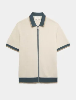 Pure Cotton Linear Stitch Zip Knitted Polo