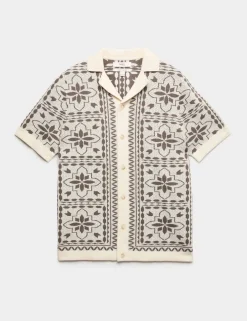Pure Cotton Mosaic Button-Through Polo Shirt
