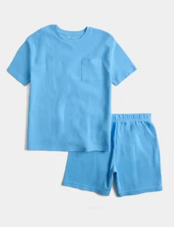 Pure Cotton Navy Waffle Short Pyjamas (1-16 Yrs)