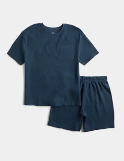 Pure Cotton Navy Waffle Short Pyjamas (1-16 Yrs)