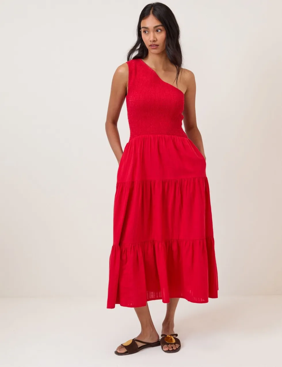 Pure Cotton One Shoulder Midi Tiered Dress