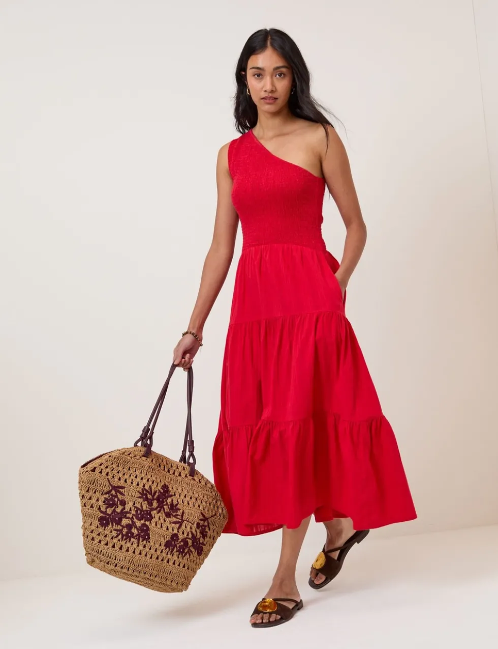 Pure Cotton One Shoulder Midi Tiered Dress