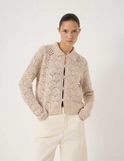 Pure Cotton Open Knit Collared Cardigan