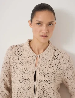 Pure Cotton Open Knit Collared Cardigan