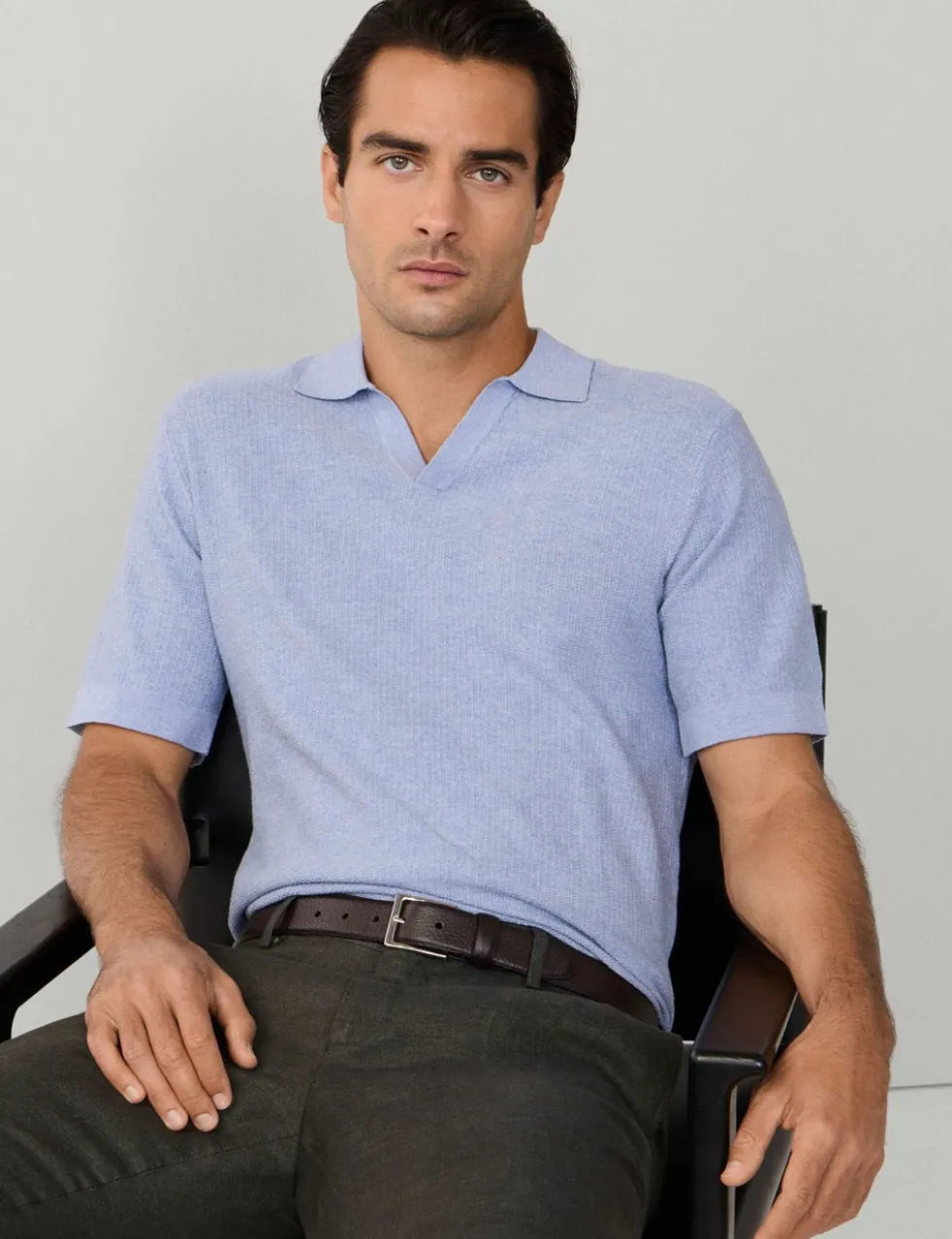 Pure Cotton Open Neck Knitted Polo Shirt