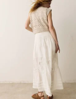 Pure Cotton Pintuck Lace Maxi A-Line Skirt