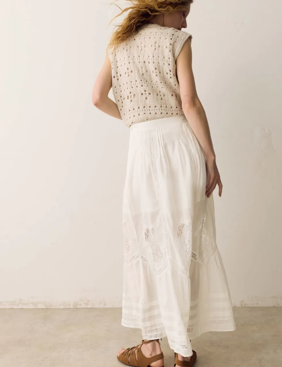 Pure Cotton Pintuck Lace Maxi A-Line Skirt