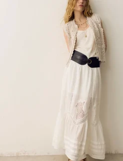 Pure Cotton Pintuck Lace Maxi A-Line Skirt