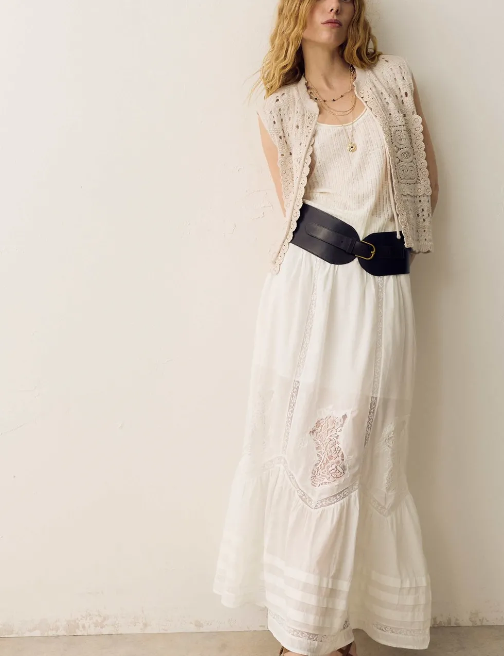Pure Cotton Pintuck Lace Maxi A-Line Skirt