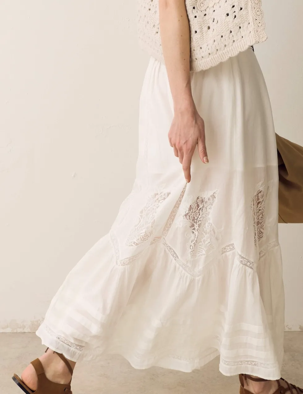 Pure Cotton Pintuck Lace Maxi A-Line Skirt