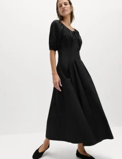 Pure Cotton Pleated Midi Waisted Tea Dress