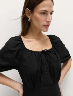 Pure Cotton Pleated Midi Waisted Tea Dress