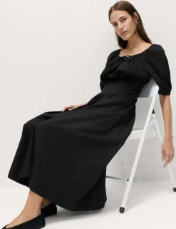 Pure Cotton Pleated Midi Waisted Tea Dress