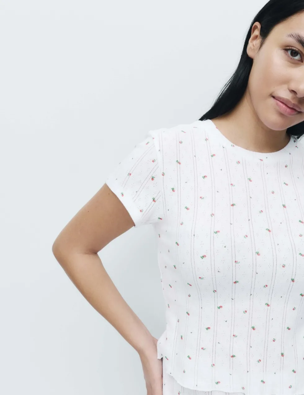 Pure Cotton Pointelle Floral Pyjama Top