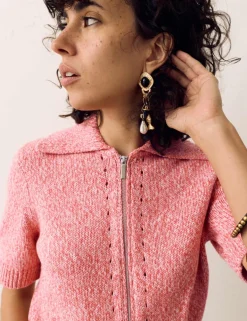 Pure Cotton Pointelle Polo Collar Zip Up Cardigan