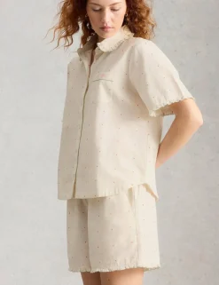 Pure Cotton Polka Dot Collared Pyjama Top
