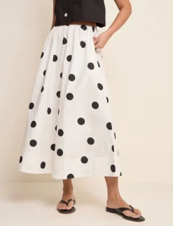 Pure Cotton Polka Dot Midi A-Line Skirt
