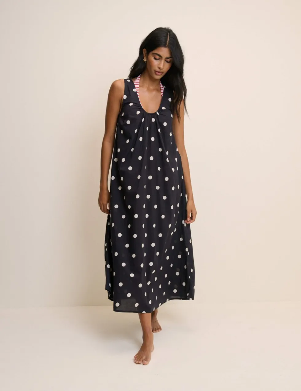 Pure Cotton Polka Dot Scoop Neck Midi Dress