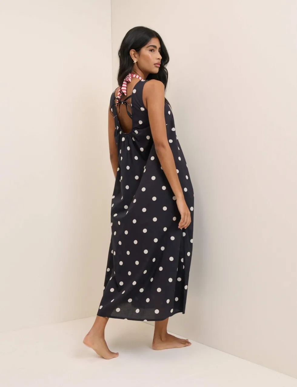 Pure Cotton Polka Dot Scoop Neck Midi Dress