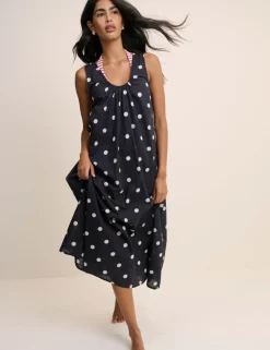 Pure Cotton Polka Dot Scoop Neck Midi Dress