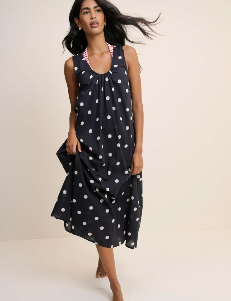 Pure Cotton Polka Dot Scoop Neck Midi Dress