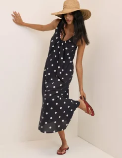 Pure Cotton Polka Dot Scoop Neck Midi Dress