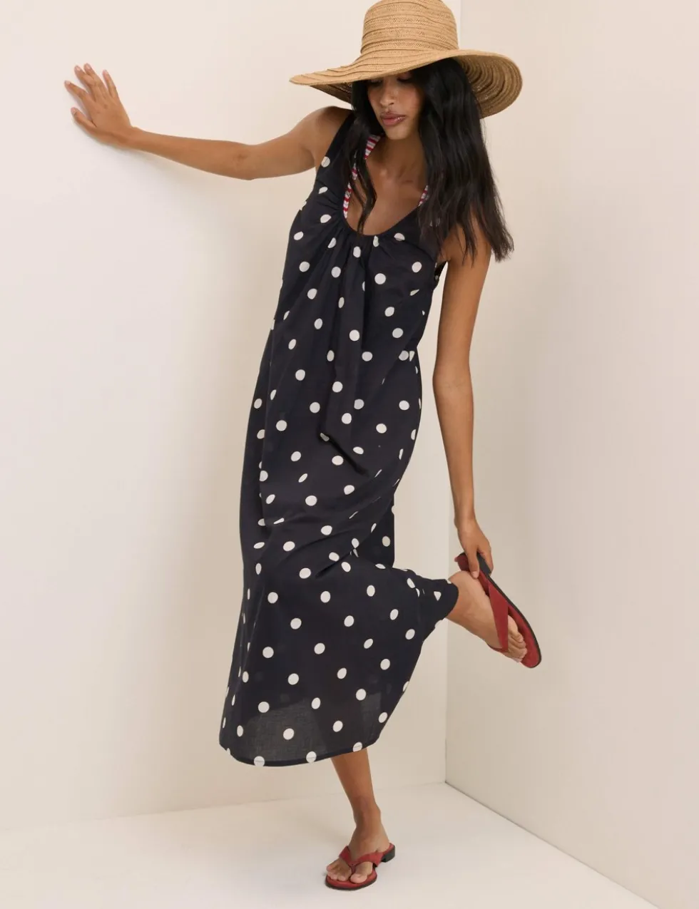 Pure Cotton Polka Dot Scoop Neck Midi Dress