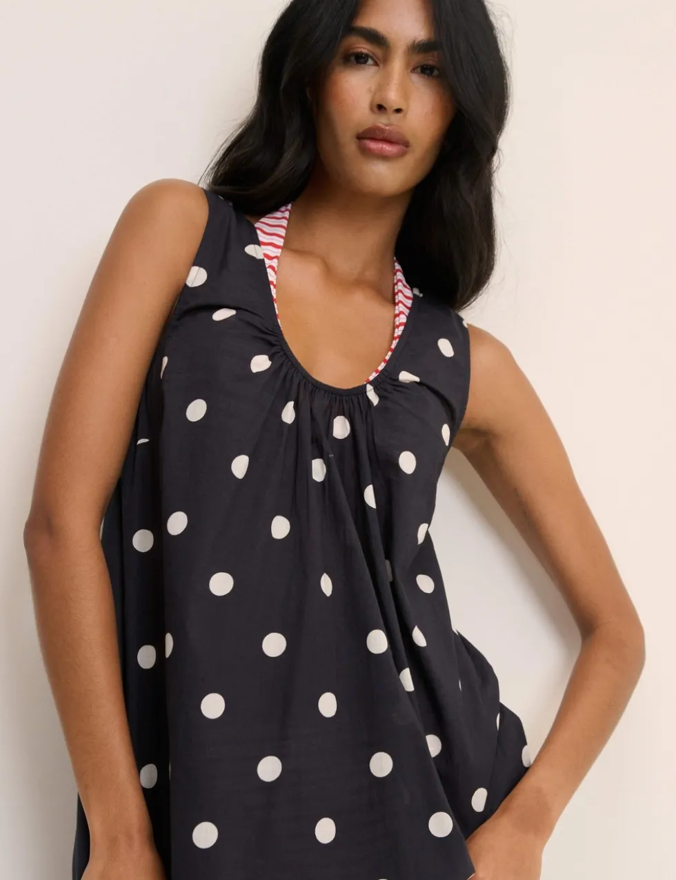 Pure Cotton Polka Dot Scoop Neck Midi Dress