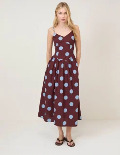 Pure Cotton Polka Dot Strappy Midi Skater Dress