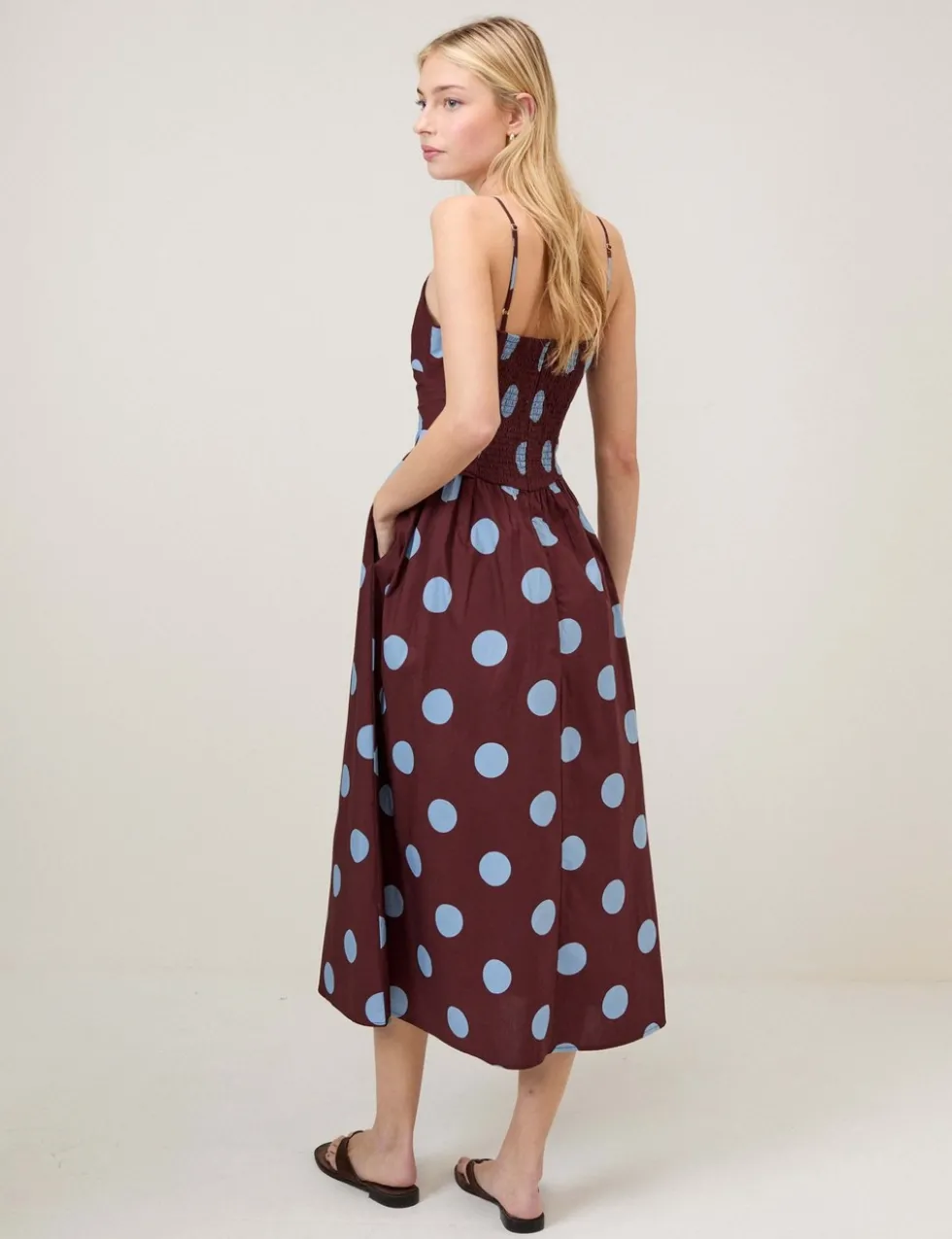 Pure Cotton Polka Dot Strappy Midi Skater Dress
