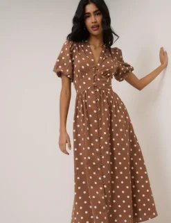 Pure Cotton Polka Dot V-Neck Waisted Dress