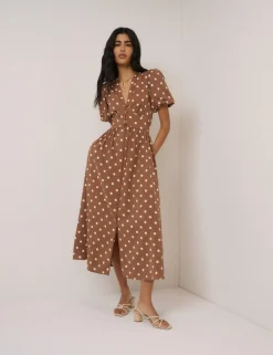 Pure Cotton Polka Dot V-Neck Waisted Dress