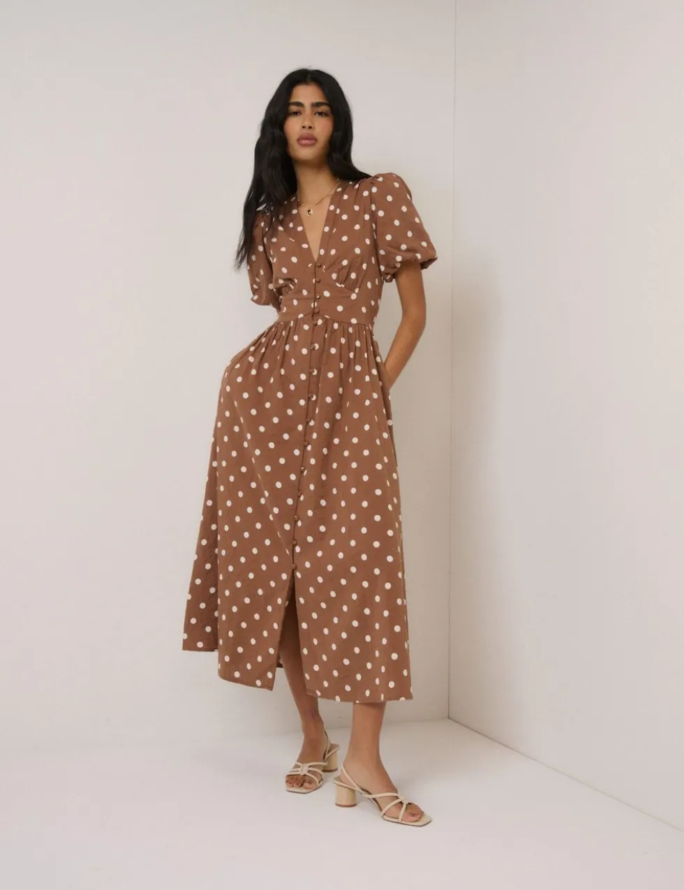 Pure Cotton Polka Dot V-Neck Waisted Dress