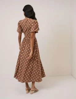 Pure Cotton Polka Dot V-Neck Waisted Dress