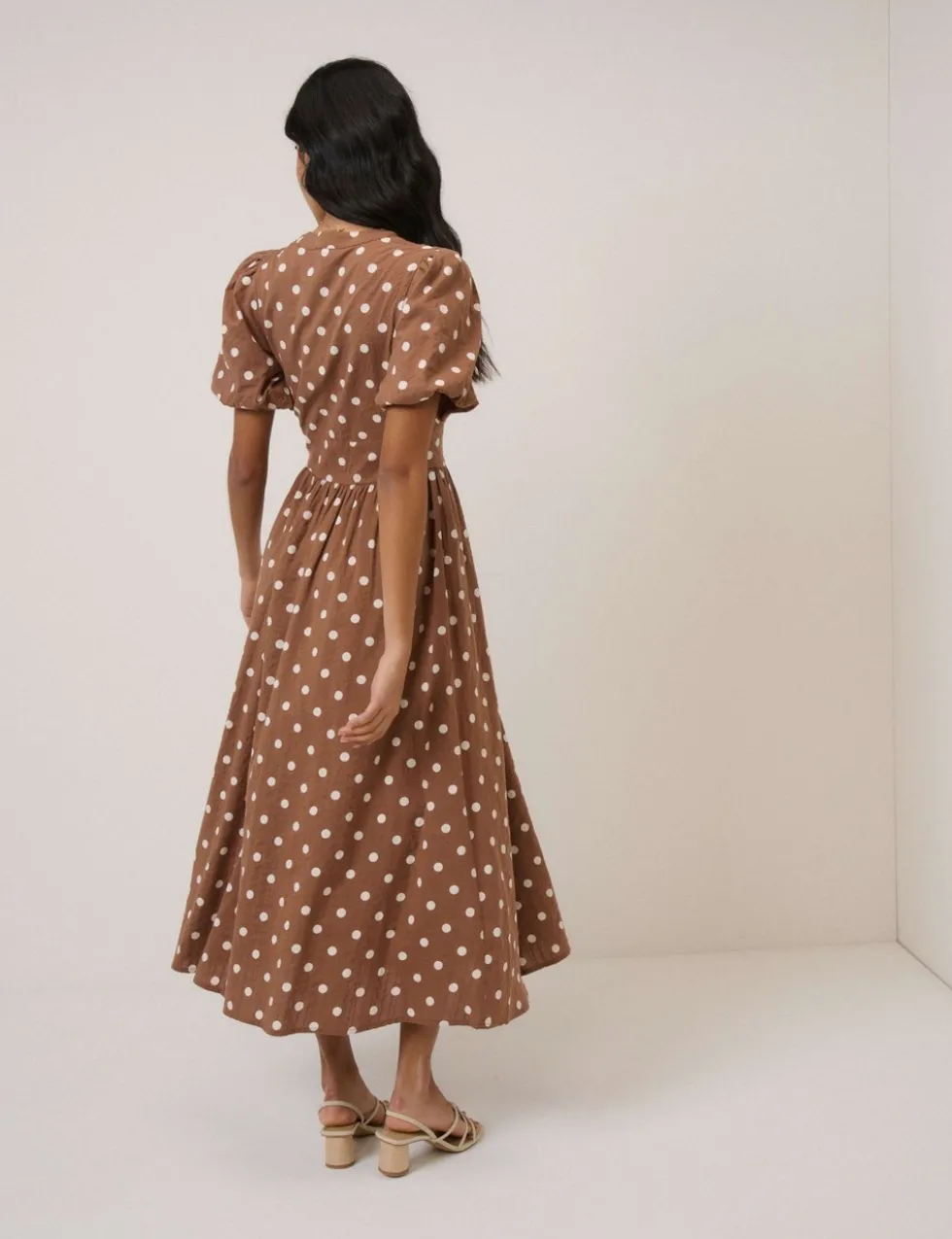 Pure Cotton Polka Dot V-Neck Waisted Dress
