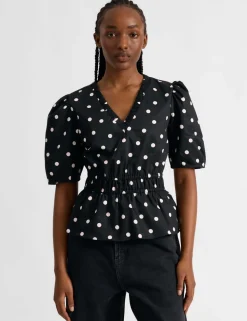 Pure Cotton Polka Dot V-Neck Top