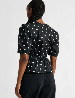 Pure Cotton Polka Dot V-Neck Top