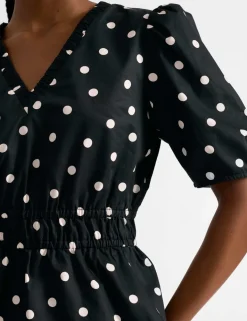 Pure Cotton Polka Dot V-Neck Top