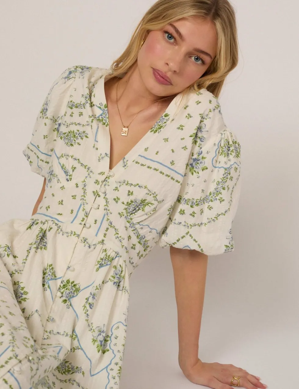 Pure Cotton Polka Dot V-Neck Waisted Dress