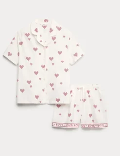 Pure Cotton Poplin Heart Revere Pyjamas (6-16 Yrs)