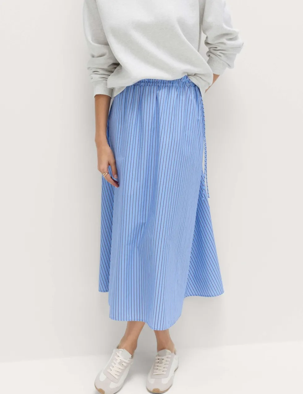 Pure Cotton Poplin Striped Pleated Midi Skirt