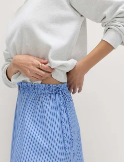 Pure Cotton Poplin Striped Pleated Midi Skirt