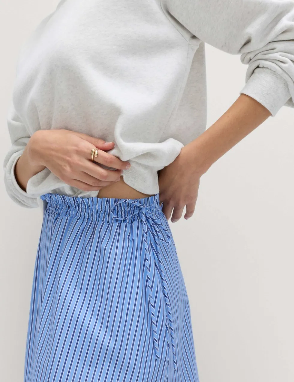Pure Cotton Poplin Striped Pleated Midi Skirt